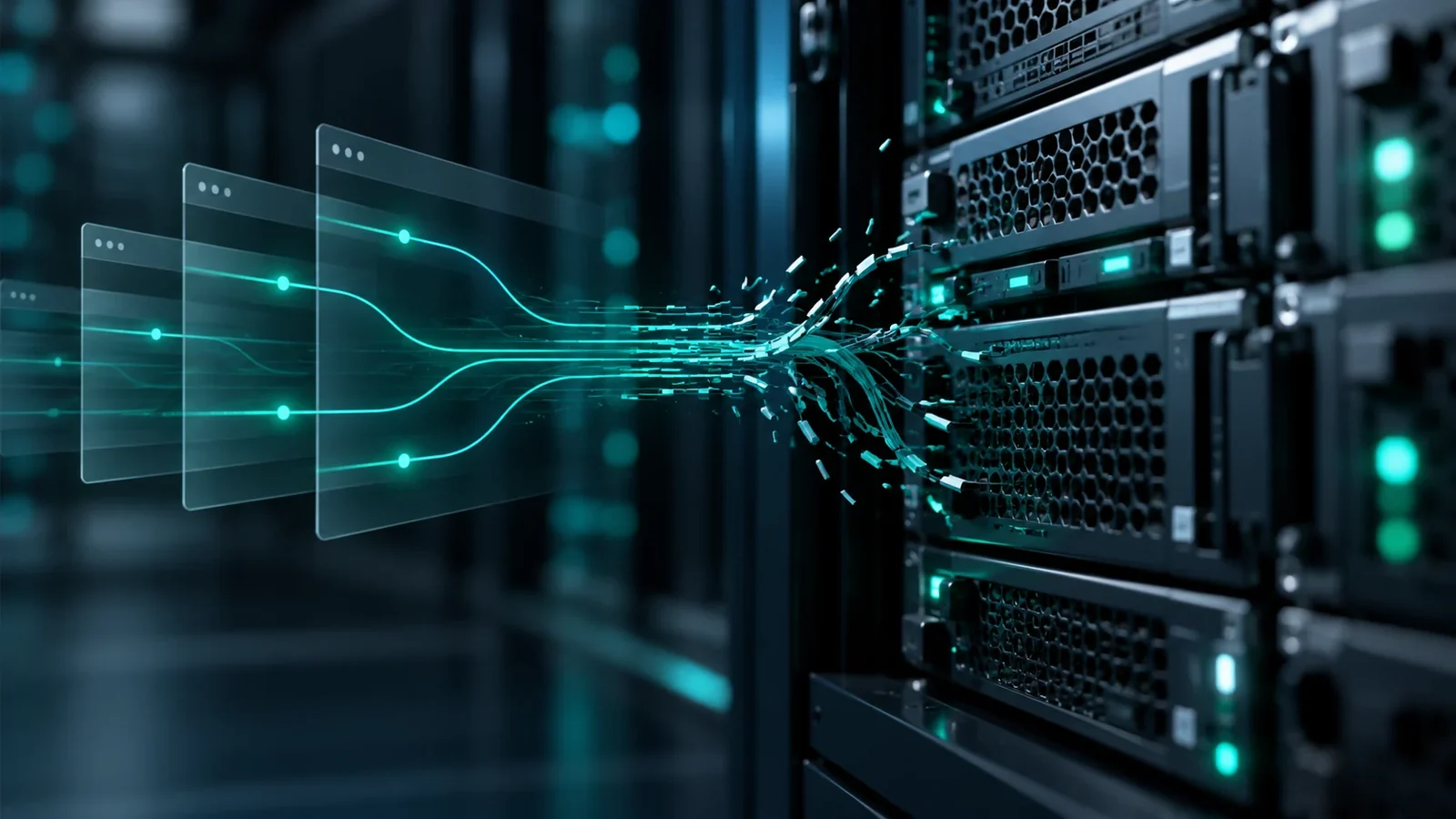Abstrakte Datenströme treffen auf eine dunkel beleuchtete Server-Infrastruktur